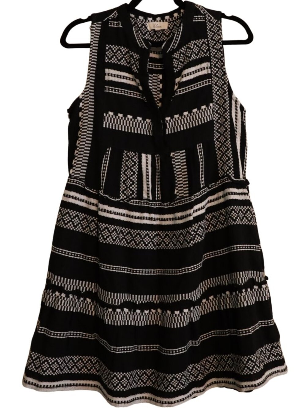 Elan Black White Geometric Print Tiered Boho Sleeveless Mini Dress Medium
